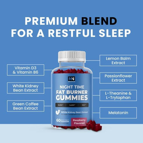 Night Time Fat Burner Gummies, Sleep Support & Weight Loss Supplement, 60ct for Men & Women