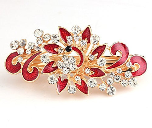 Women's Multilayered Peacock Shaped Rhinestone French Barrette Hair Clip - Red