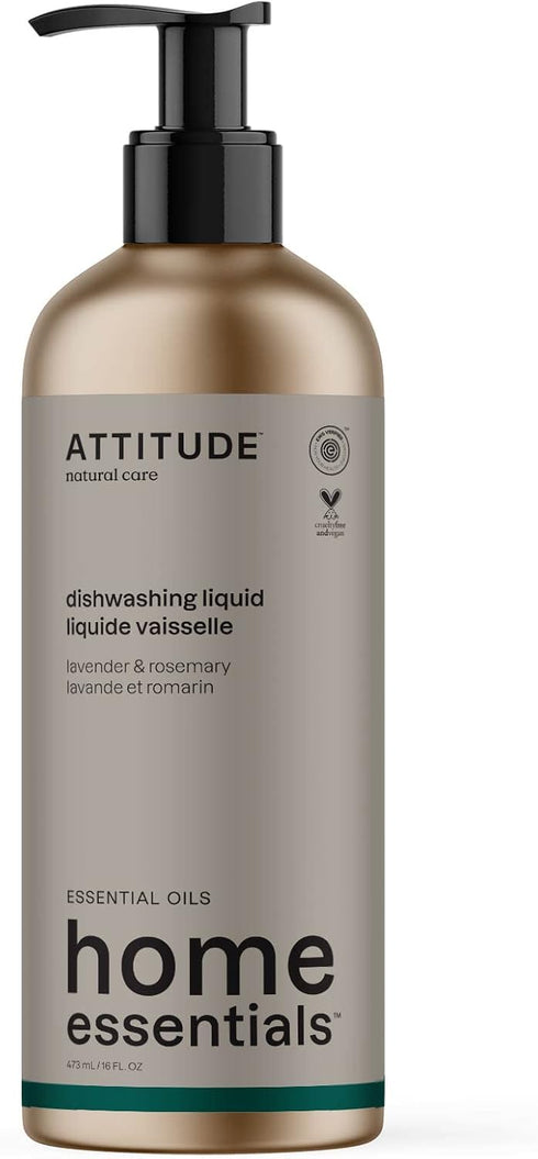 ATTITUDE Dish Soap, EWG Verified, Vegan & Cruelty-free, Plant and Mineral-Based, Lavender and Rosemary, 16 Fl Oz