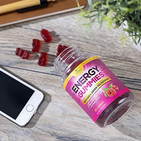 Energy Gummies Vitamin B12, Green Tea & Natural Caffeine, 1000 mcg Daily Energy, Raspberry Flavor, 60 Gummies