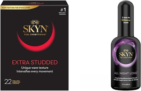 SKYN Extra Studded Non-Latex Condoms 22 Count Box and All Night Long Premium