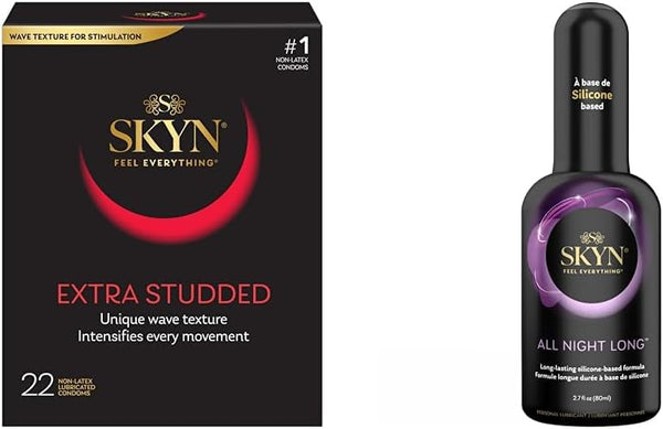 SKYN Extra Studded Non-Latex Condoms 22 Count Box and All Night Long Premium