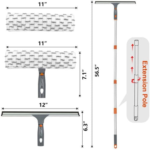 ITTAHO Squeegee for Window Cleaning, 12" Squeegee and 11" Microfiber Scrubber Combo with Extendable Stainless Steel Pole