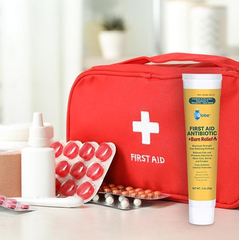 Globe Dual Action Burn Relief & First-Aid Antibiotic Ointment, 24-Hour Infection Protection with Maximum Strength Pain