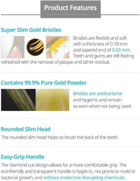 Korean Toothbrush for Sensitive Gums, Super Slim Gold Bristles, Pack of 8