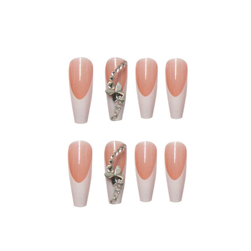 Press on Nails Coffin French Long Fake Nails, Acrylic Full Cover V False Nails for Women and Girls (Long 5)