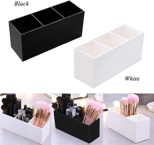 AKOAK 1 Pack Black and White Three Grid Desktop Storage Box, Makeup Brush Lipstick Eyebrow Pencil Display Stand, White