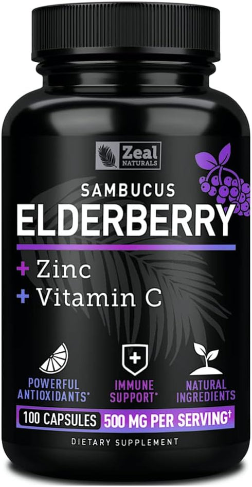 Zeal Naturals Max Strength Elderberry Capsules + Zinc + Vitamin C, 500mg for Immune System Support, 100 Count