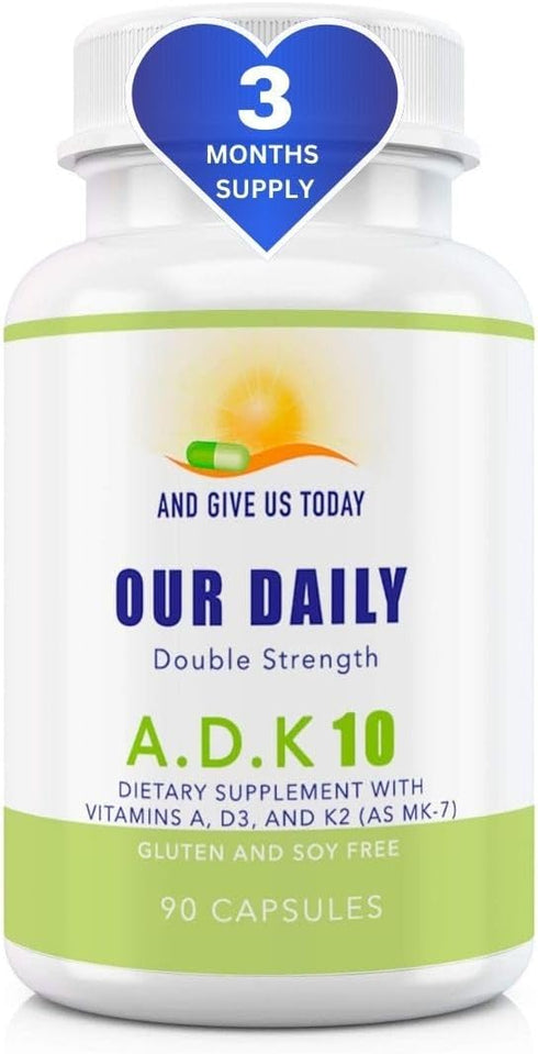 Our Daily Vites ADK 10 Double Strength Vitamins A1, D3 & K2, Gluten Free Immune Support Supplement, 90 Capsules