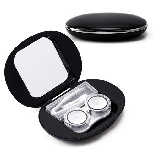 ofone Cute Contact Lens Case, Oval Holder with Removal Tool, Mirror, and Tweezers for Women and Girls (Black)