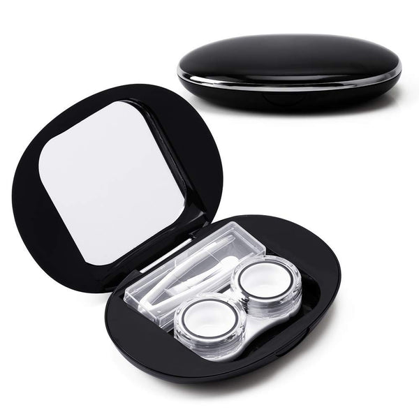 ofone Cute Contact Lens Case, Oval Holder with Removal Tool, Mirror, and Tweezers for Women and Girls (Black)