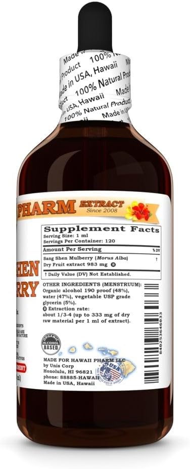 Hawaii Pharm Mulberry Alba) 4 fl.oz Sang Shen (Morus Dry Fruit Tincture, All Natural, Vegan, Pure Liquid Extract