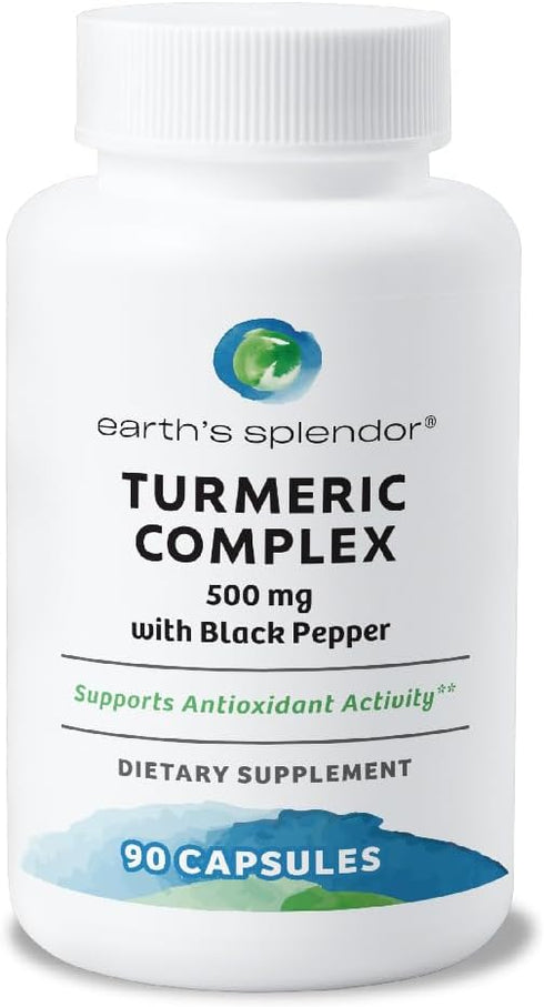 Earth's Splendor Turmeric Complex 500mg with Black Pepper - 90 Capsules for Antioxidant Activity and Joint Health