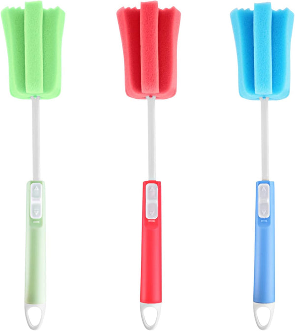 3 Pack Soft Foam Sponge Cleaning Brush Set, Adjustable Long Plastic Handle, Bottle Scrubber for Home Kitchen