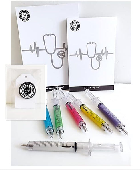 Real Life Hero Notepads Gift Set with Matching 1.5" Button and 6-Pk Syringe Pens