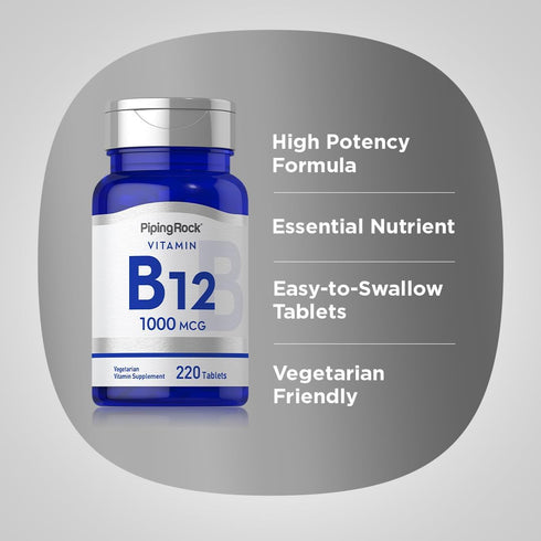 Piping Rock Vitamin B-12, 1000mcg, 220 Tablets, Non-GMO, Vegetarian & Gluten Free