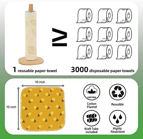 Reusable Paperless Paper Towels, 25 Pack, Washable Cotton Cloth Roll for Kitchen, 10”x10” with Cardboard Roll