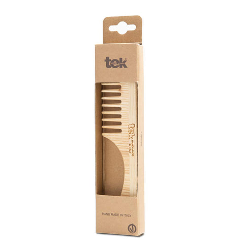 TEK Wide Tooth Wooden Comb, Handmade in Italy, Natural Ash Wood Handle