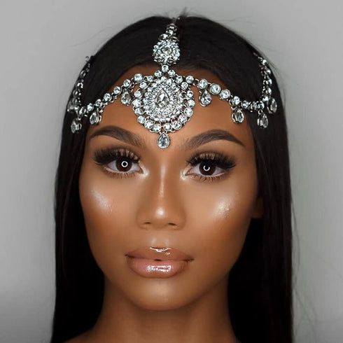 Xerling Bridal Headpiece for Wedding, Silver Zircon Crystal Dangling Tassel Hair Chain Clip-on Accessories