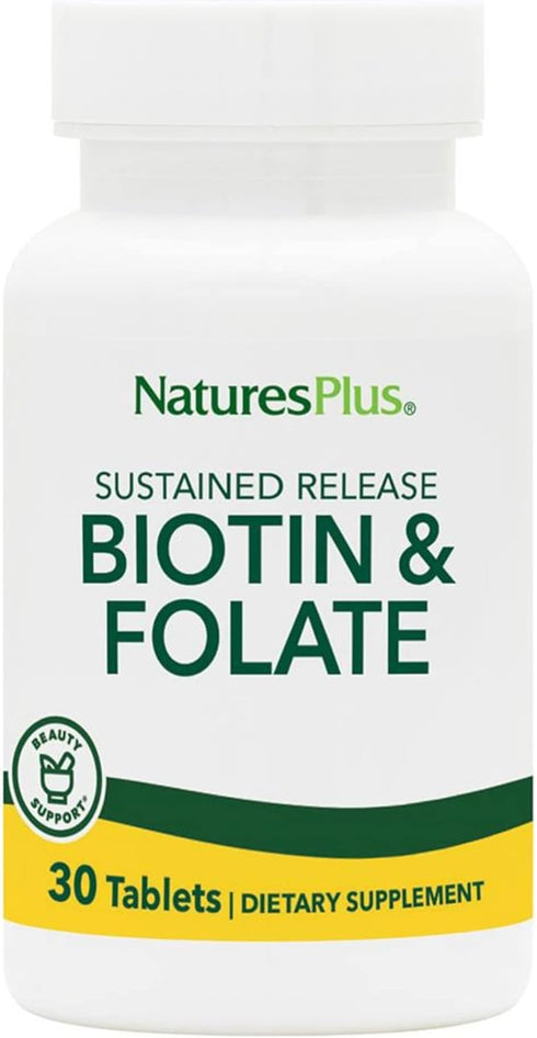 NaturesPlus Biotin & Folic Acid (Methylfolate), Sustained Release - 30 Vegetarian Tablets - Vitamin B7 & B9, Supports