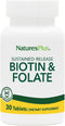 NaturesPlus Biotin & Folic Acid (Methylfolate), Sustained Release - 30 Vegetarian Tablets - Vitamin B7 & B9, Supports