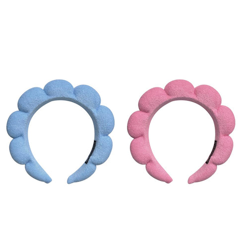 2 Pack Sponge Spa Makeup Headband - Puffy Skincare Headbands for Women Face Washing and Shower (Pink, Blue)