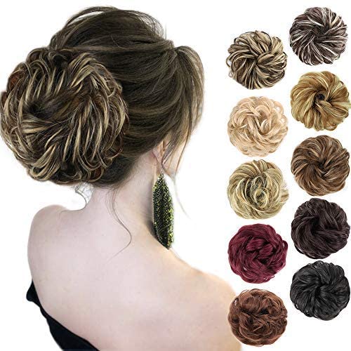 MORICA 1PCS Messy Hair Bun Extension, Curly Wavy Synthetic Chignon Hairpieces for Women (Dark Brown & Ash Blonde)