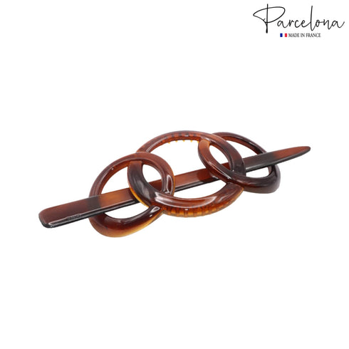 Parcelona French Triple Ringed 3.5" Celluloid Hair Slider Pin Thru Holder Barrette for Women, Tortoise Shell
