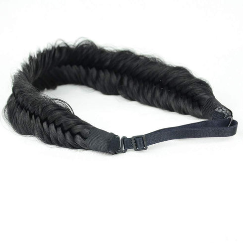 Wide Fishtail Black Headband for Women - Synthetic Hair Plaited Braids Elastic Stretch Fishtail Headband (Black)