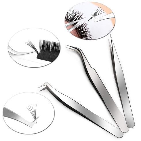 Quewel Eyelash Extension Tweezers Set, Curved and Straight Stainless Steel Applicator Tool, 3 Pcs (Silver, Mirrored)