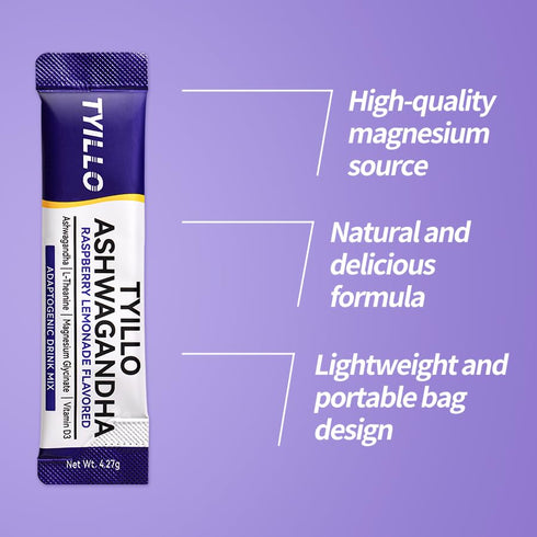 Tyillo D3 20 Ashwagandha Drink Mix, Raspberry Lemonade Flavor, with L-Theanine, Magnesium & Stress Relief, Calm Focus