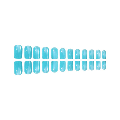 Lake Blue Press on Nails, Medium Square SWEKKE Fake Nails Full Cover, Glossy Glue on Nails for Women, 24 Pcs
