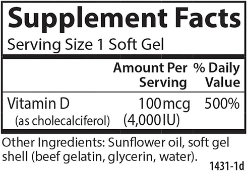 Carlson Vitamin D3 4000 IU - 120 Gluten Free Softgels for Bone & Immune Health