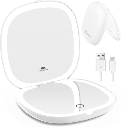 wobsion Travel Mirror with Light, Rechargeable 1x/10x Compact Dimmable Pocket Mirror, 4inch Travel Size (White)