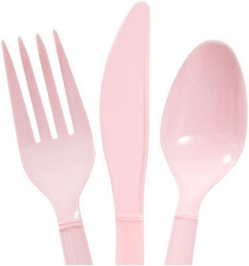 Baby Blue & Light Pink Heavy Duty Plastic Cutlery Sets - 16 Spoons, 16 Forks, 16 Knives - 2 Packs of 48 Total