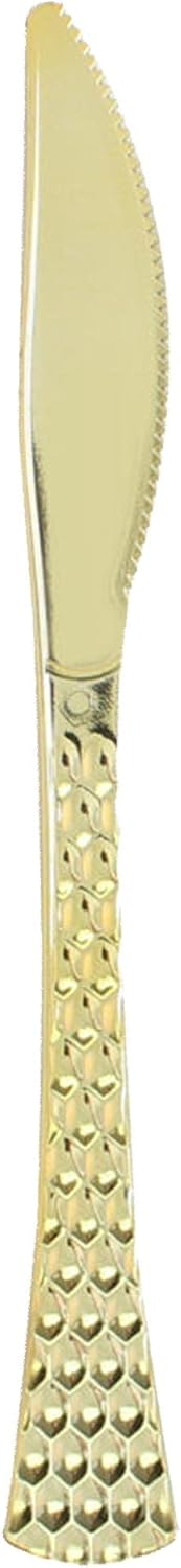 EcoQuality Gold Hammered Disposable Plastic Knives - Heavy Weight Plastic Gold Cutlery,