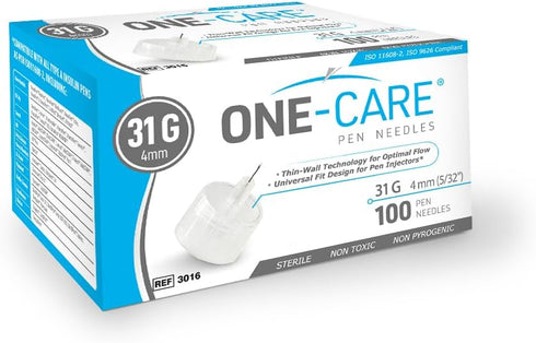 ONE-CARE Pen Tips 31G x 5/32’’ (4mm), Universal Fit, Optimal Skin-Contact for Comfort, Sterile, 100 Count