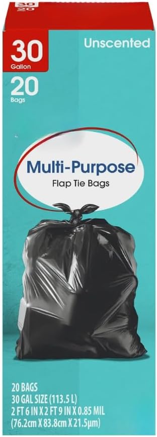 Rayverion 30 Gallon Large Flap Tie Trash Bags, Heavy Duty Draw Tie Garbage