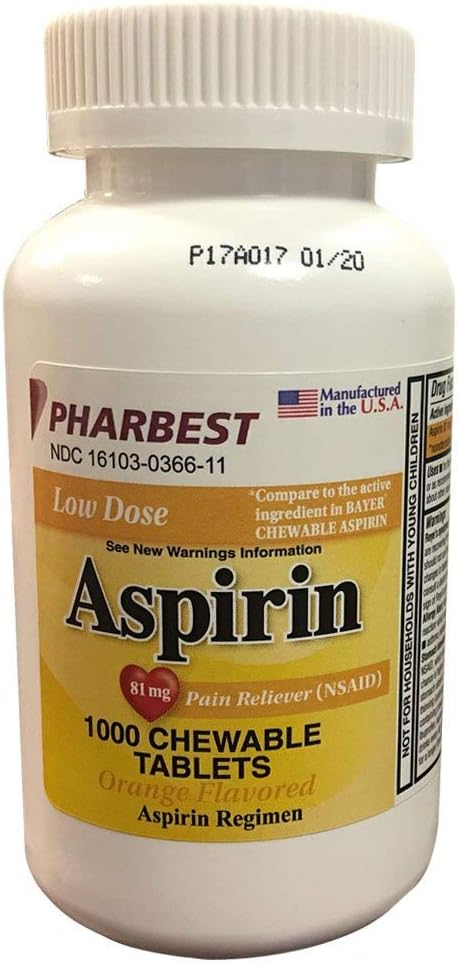 Aspirin 81mg Chewable Orange Tablets, 1000 Count Per Bottle