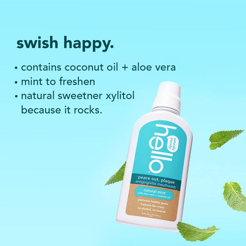 Hello Peace Out Plaque Mouthwash, Antigingivitis Alcohol Free, Natural Mint with Aloe Vera and Coconut Oil, 16 Ounce