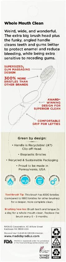 RADIUS Original Left Hand Toothbrush, Soft Bristles, Sustainable Materials (Colors May Vary)