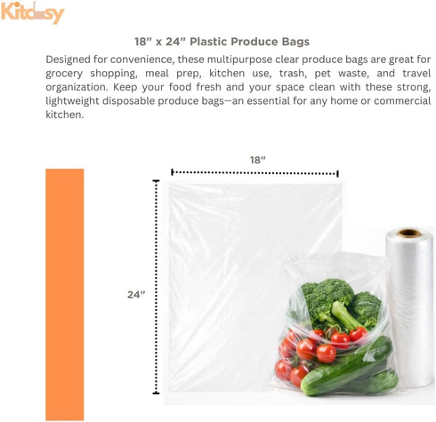 Kitchsy 18x24 250 Count (2) Produce Bags Roll, Clear Plastic Food Bags for Fruits, Veggies, Bread, Grocery Shopping