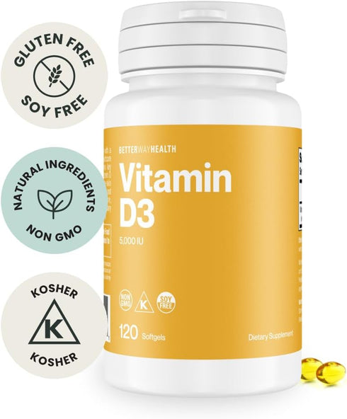 Vitamin D3 5000 IU, Better Way Health, High Potency Softgel Supplement for Immune & Bone Health, 120 Softgels