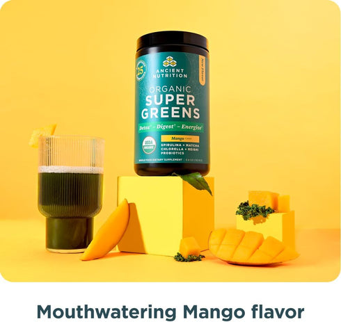 Ancient Nutrition SuperGreens Powder with Probiotics - Organic Mango Flavor Greens, Digestive and Energy Support, Made
