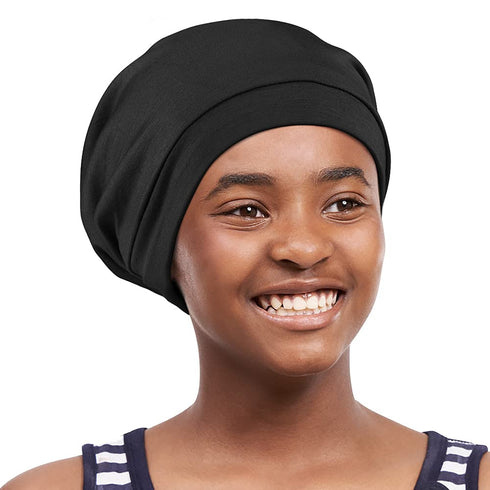 Kids Beanie Sleep Hats, Adjustable Black Bonnet for Night Sleeping Skull Cap to Keep Hair Smooth