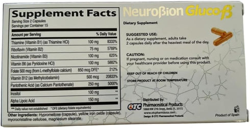 Neurobion Gluco B Dietary Supplement, B Complex with Alpha Lipoic Acid, Complejo B 30 Capsules