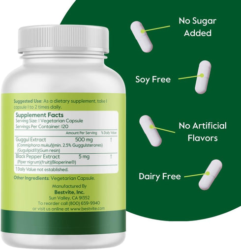 BESTVITE Guggul Extract 500mg (120 Vegetarian Capsules) - Backed by Clinical Research, Patented and Standardized, Enhanced by Bioperine - No Fillers - No Stearates - Vegan - Non GMO - Gluten Free
