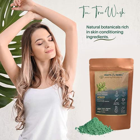 ROOTS AND HERBS Tea Tree Body Wash - Non-Foaming Shower Powder for Men & Women, Natural Antibacterial Cleanser
