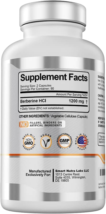 Smart Nutra Labs Premium Berberine HCL - 1200mg, 180 Vegan Capsules - 100% Pure Non-GMO, Gluten Free Supplement