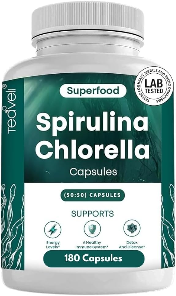 Organic Spirulina and Chlorella Capsules - 180 Chlorophyll Pills to Support Detox, Mitochondria & Energy